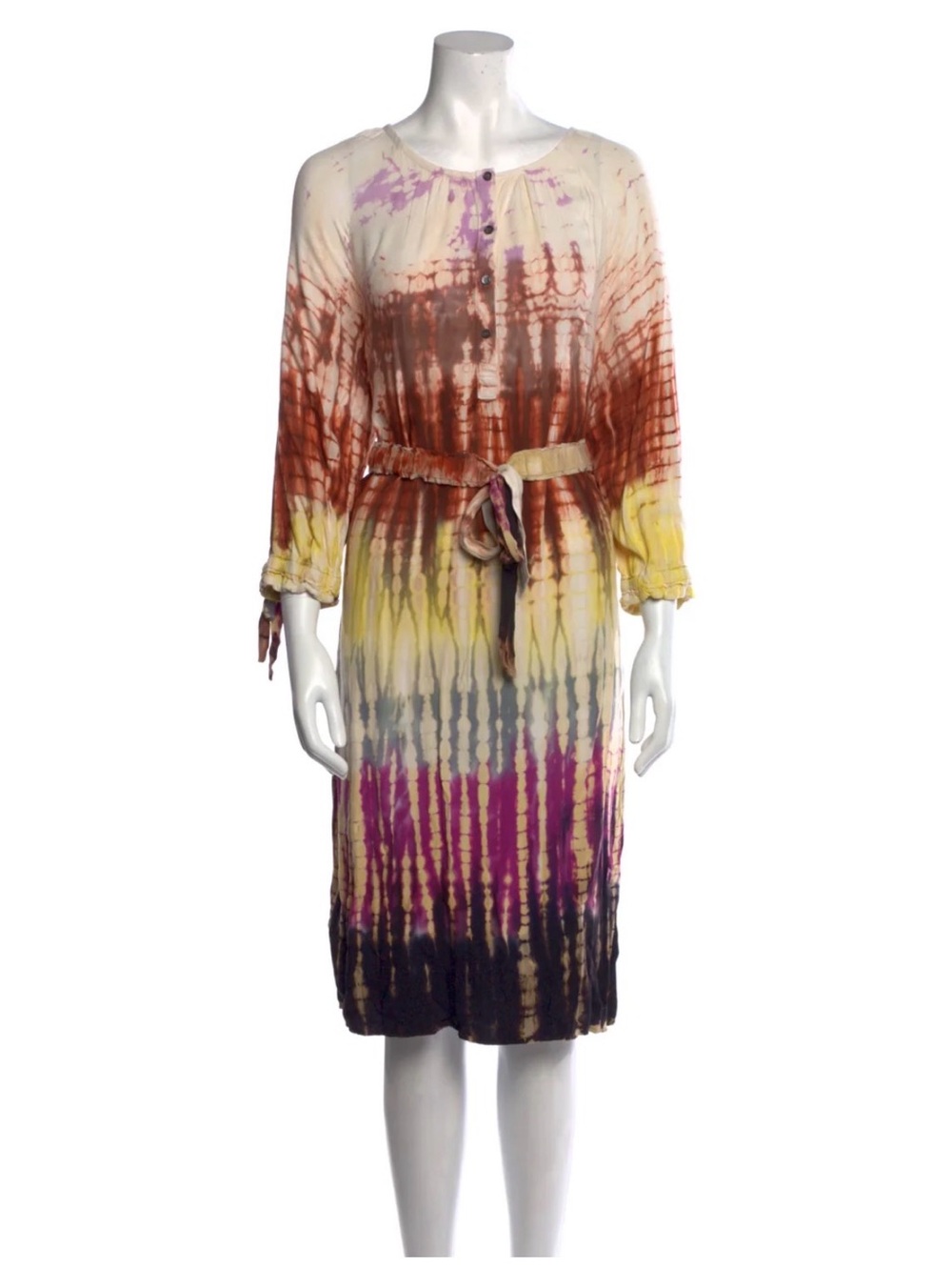 Raquel Allegra Tie-Dye Long Sleeve Midi Dress in Rust, Yellow, Purple, Black